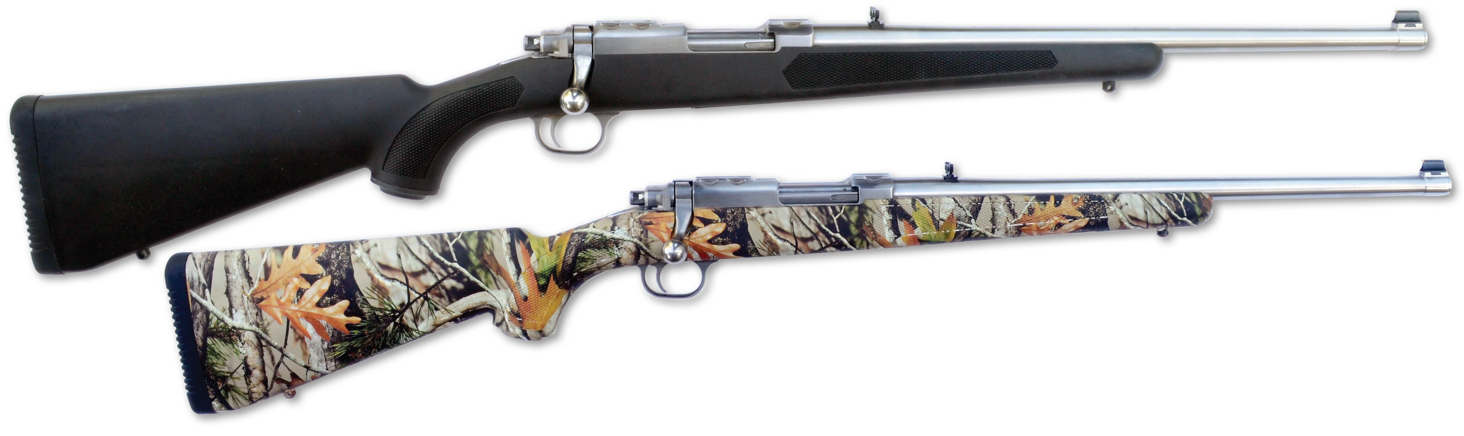 Shown is Ruger 77/357 .357 Magnum (above) and a Model 77/44 .44 Remington Magnum with camouflage stock. Variants of these have been recently brought back into production.